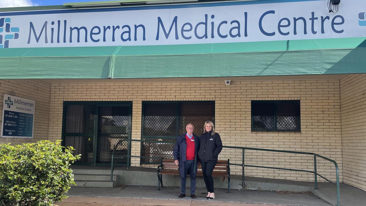 Toowoomba Hospital Foundation chairman Ray Taylor and CEO Alison Kennedy outside the Millmerran Medical Centre.