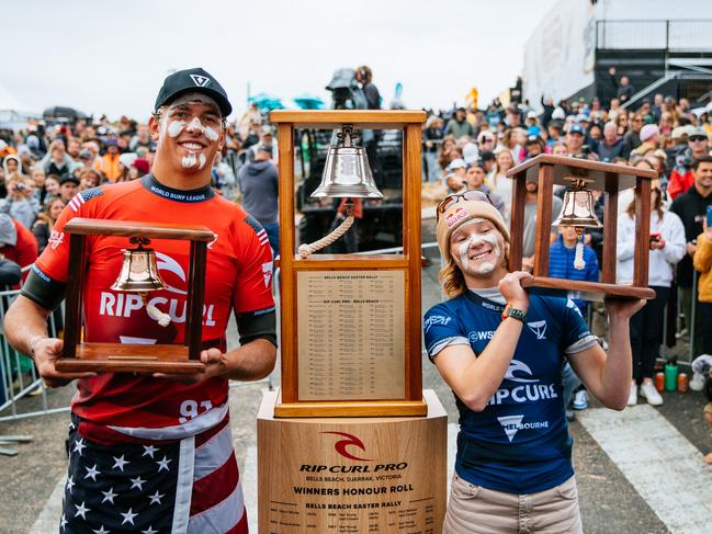 BELLS BEACH, VICTORIA, AUSTRALIA - APRIL 3: Caitlin Simmers of the United States and Cole Houshmand of the United States at the presentation of the Rip Curl Pro Bells Beach on April 3, 2024 at Bells Beach, Victoria, Australia. (Photo by Aaron Hughes/World Surf League)