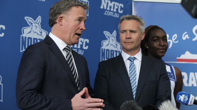 Premier Will Hodgman and North Melbourne CEO Carl Dilena talking to reporters in Hobart today. Picture: LUKE BOWDEN