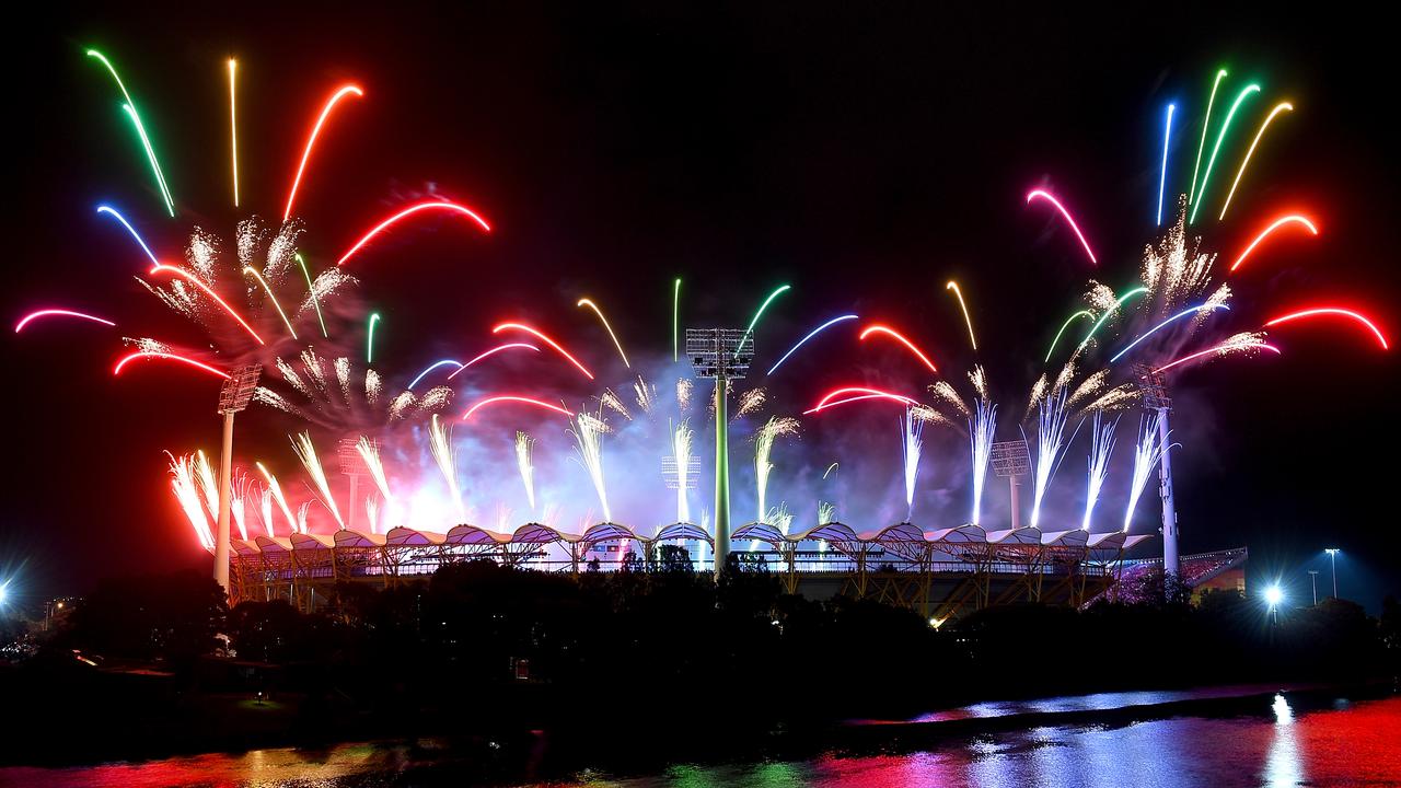 91: Fireworks light up the night sky over Carrara Stadium as the Opening Ceremony comes to a close on April 4, 2018. Picture: Getty Images.