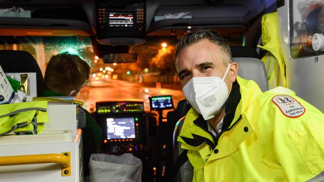 That’s me riding in the ambulance, Mum. Premier Peter Malinauskas spent a night with paramedics in an ambulance. Picture: Brenton Edwards