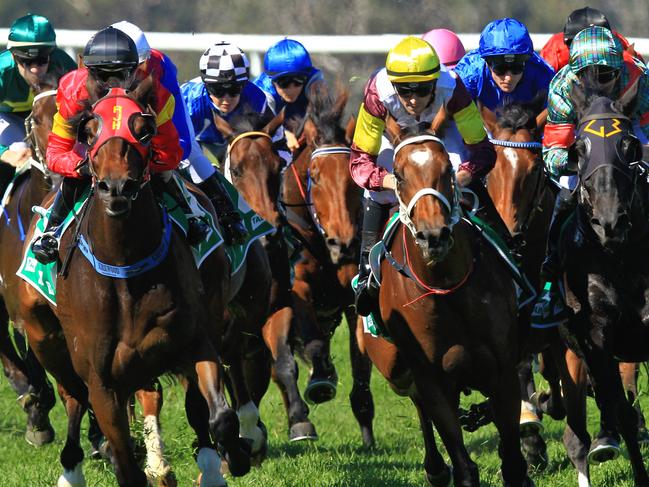 Loving home ridden by Tye Angland  (yellow cap, maroon with yellow armbands) wins race 1 during Scone  Races located in the Upper Hunter Region of NSW. The Bend . Pic Jenny Evans