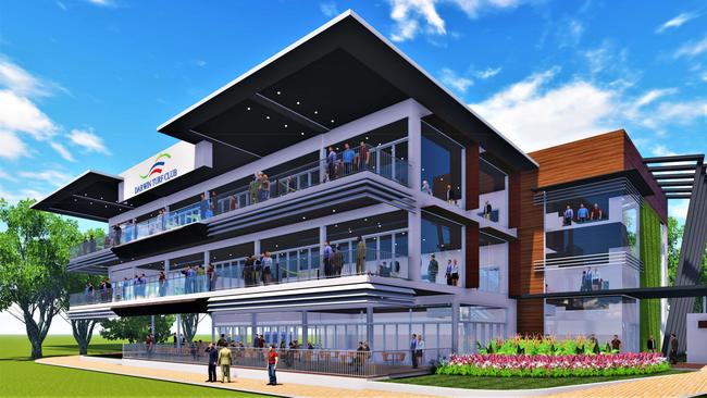 The new three-level stand with private corporate boxes will be built where the Ted D’Ambrosio bar is located and will have a walkway connecting it to the Ted Bailey Grandstand. Picture: Supplied