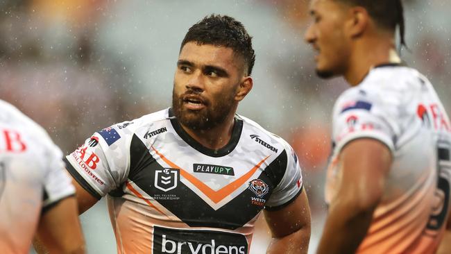 SYDNEY, AUSTRALIA - APRIL 23: Isaiah Papali'i of the Wests Tigers looks dejected after a try during the round eight NRL match between Wests Tigers and Manly Sea Eagles at Campbelltown Stadium on April 23, 2023 in Sydney, Australia. (Photo by Mark Kolbe/Getty Images)