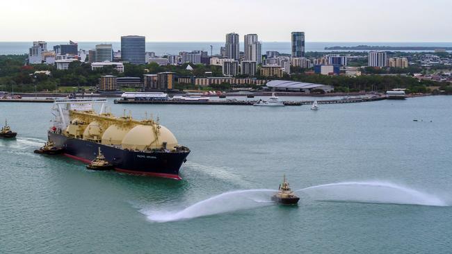 The 100th shipment of liquefied natural gas (LNG) cut an imposing sight in Darwin Harbour as it was given a grand welcome and send off. Picture: Supplied