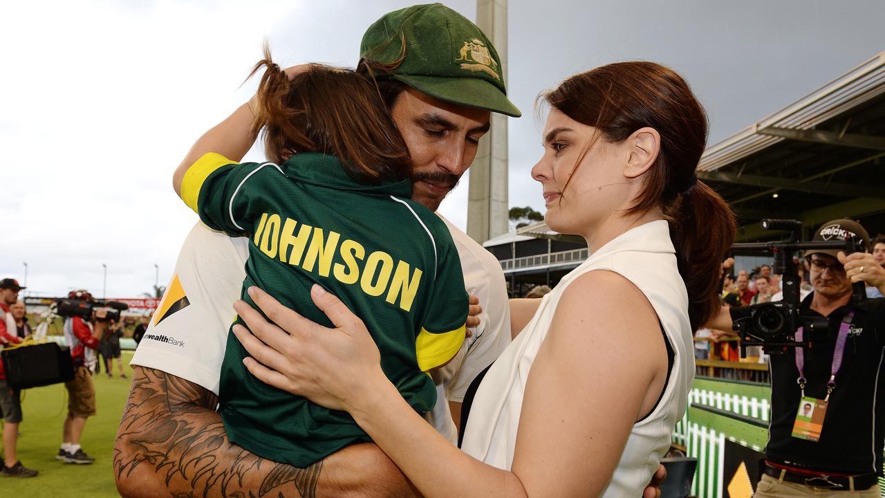 Mitchell Johnson with wife Jessica Bratich Johnson and daughter Rubika Ann on the final day of his Test career.