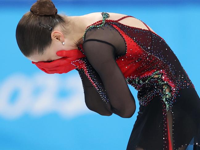 BEIJING, CHINA - FEBRUARY 17: Kamila Valieva of Team ROC reacts after skating during the Women Single Skating Free Skating on day thirteen of the Beijing 2022 Winter Olympic Games at Capital Indoor Stadium on February 17, 2022 in Beijing, China. (Photo by Catherine Ivill/Getty Images)