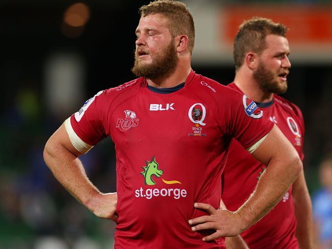 PERTH, AUSTRALIA - JULY 05: James Slipper and Curtis Browning of the Reds look on during the round 18 Super Rugby match between the Western Force and the Queensland Reds at nib Stadium on July 5, 2014 in Perth, Australia. (Photo by Paul Kane/Getty Images)