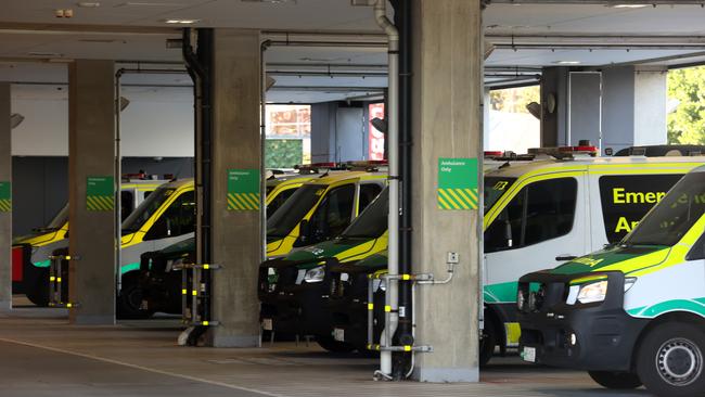 Ambulances parked at the Royal Adelaide Hospital. Picture: NewsWire / Kelly Barnes