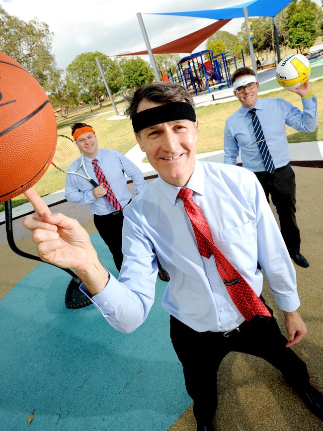 Mayor Graham Quirk with Cr Adrian Schrinner and Cr Ryan Murphy at the site of the then-new Minnippi Outdoor Gym in Carindale in 2013. Picture: Richard Walker