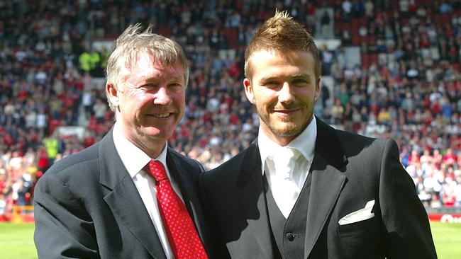 (L-R) Sir Alex Ferguson and David Beckham after Beckham had extended his contract with Manchester United.