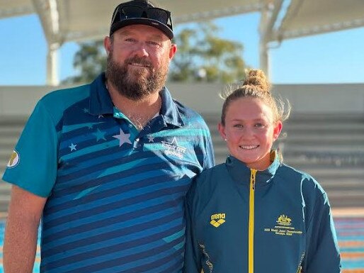 Rocky City head coach Shane Kingston with swimmer Taryn Roberts.