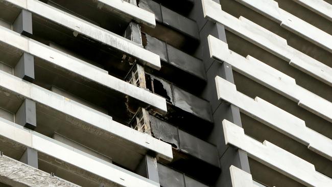 Fire damage at the Neo200 building on Spencer St, Melbourne.