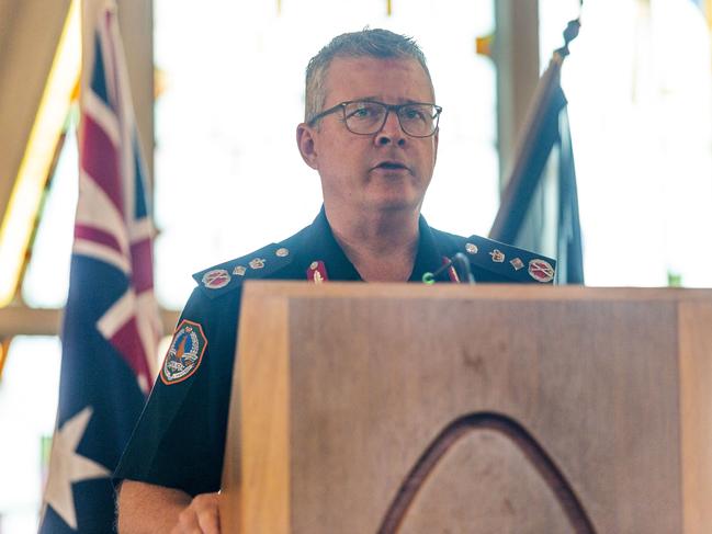 NT Police Commissioner Jamie Chalker speaks at an emotional service on Police Remembrance Day. Picture: Floss Adams.