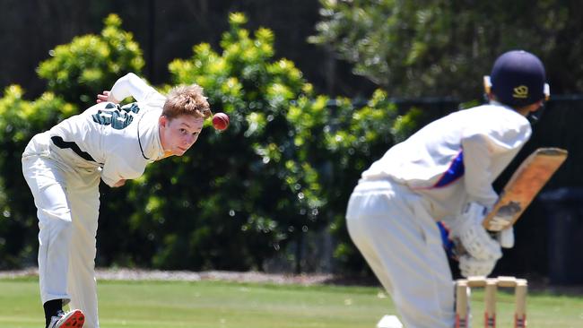 Villanova College bowler Liam McConville AIC First XI cricket match between Villanova College and Marist College Ashgrove. Saturday February 19, 2022. Picture, John Gass