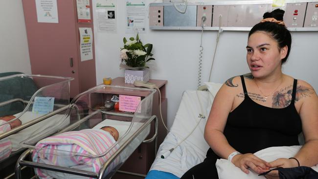 Tenaj Mitchell with twins Taevius and J'Myrah Mitchell — born on Monday — at Liverpool Hospital. Picture: NCA NewsWire / Gaye Gerard