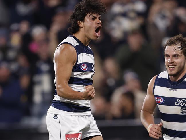 Lawson Humphries of the Cats celebrates a goal during the round 21 AFL match between Geelong Cats and Adelaide Crows at GMHBA Stadium, on August 03, 2024, in Geelong, Australia. (Photo by Darrian Traynor/Getty Images)