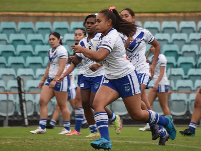 Bulldogs centre Litia Fusi charges at the line. Picture: Sean Teuma/NewsLocal