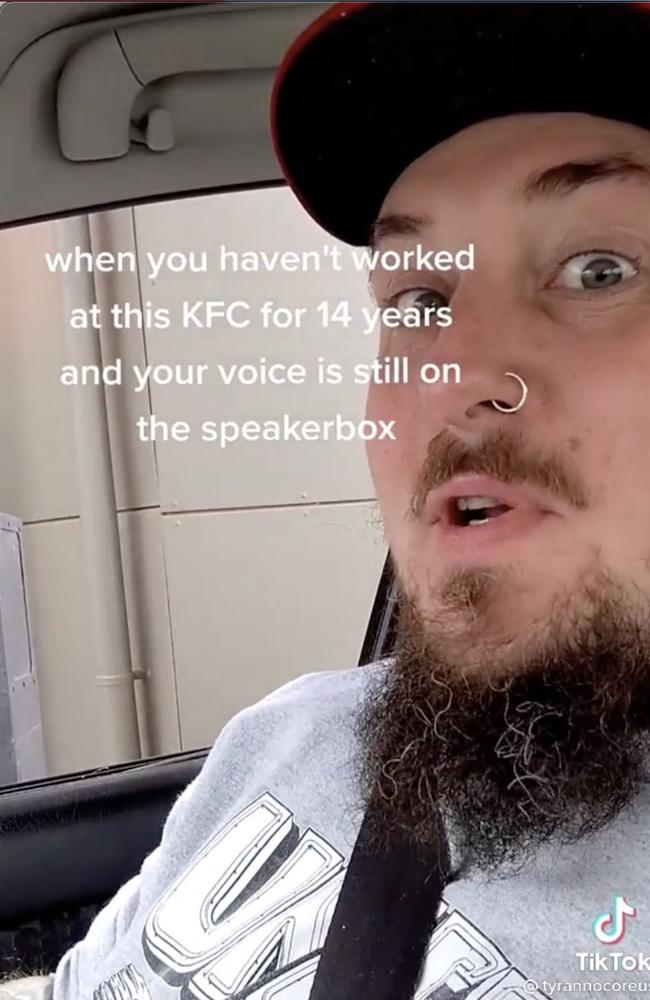 A Melbourne man has gone viral after revealing his voice is still featured at a KFC drive-through 14 years after he worked there. Picture: TikTok/@tyrannocoreus.