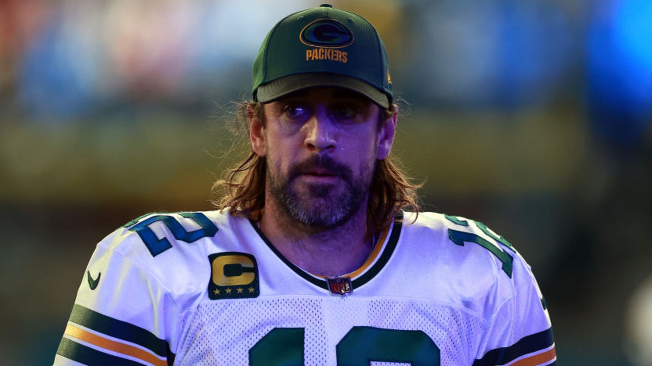 DETROIT, MICHIGAN - JANUARY 09: Aaron Rodgers #12 of the Green Bay Packers looks on during the first quarter against the Detroit Lions at Ford Field on January 09, 2022 in Detroit, Michigan. (Photo by Rey Del Rio/Getty Images)