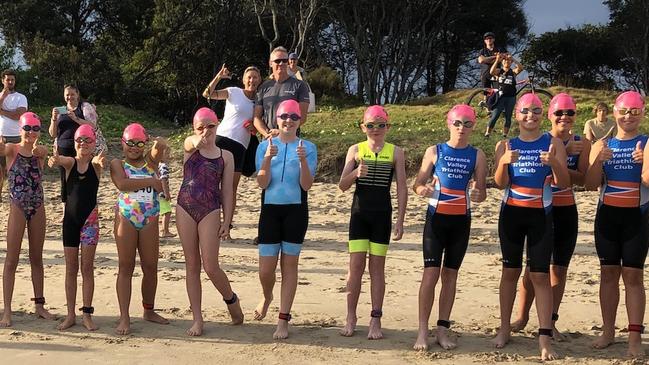 Athletes take to Whiting Beach in Yamba for the start of the Yamba Triathlon Festival’s McDonalds Kids Tri event.