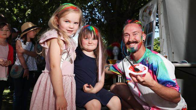 Cousins Isla Wallis, 5, of Ballarat, and Sage Wallis, 4, of Margate, with Mykey from Unicorn Manes. Picture: NIKKI DAVIS-JONES