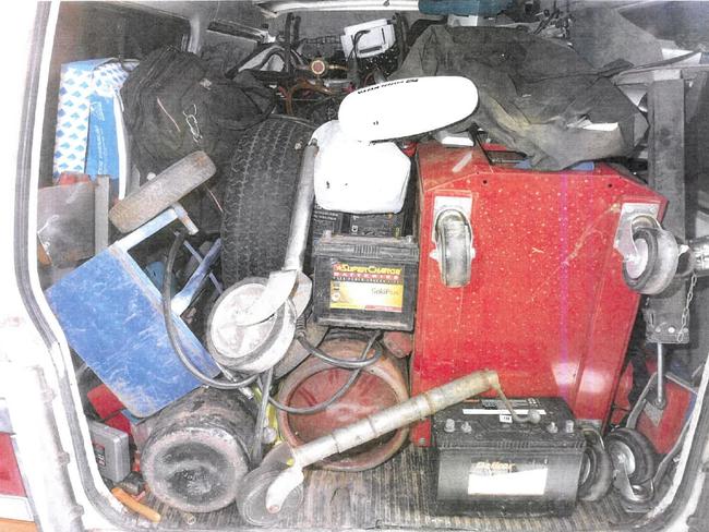 Allegedly stolen goods piled into the boot of an allegedly stolen car, recovered from Ryan Annand's Irymple address.