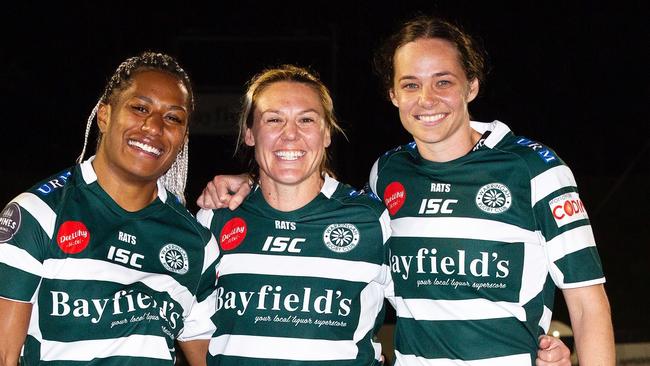 Aussie 7s stars Ellia Green, Sharni Williams and Chloe Dalton after their run with the Ratettes in the Jack Scott Cup. Pic: Karen Watson.