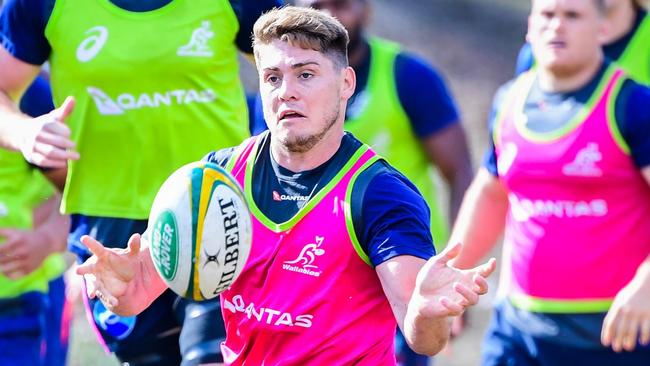 James O'Connor joins in attack drills at a Wallabies' hopefuls camp at Wests rugby club in Brisbane. Photo: Stu Walmsley, Rugby Australia.