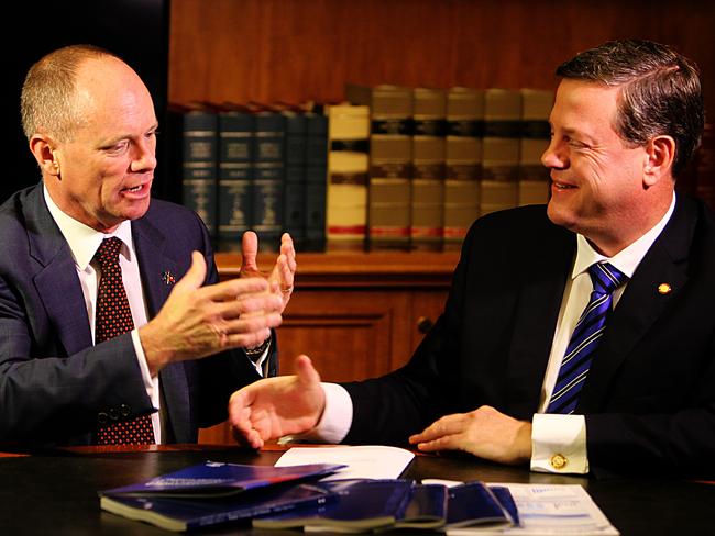 Campbell Newman’s (left) former treasurer Tim Nicholls (right) is trying to distance himself from the former LNP administration.