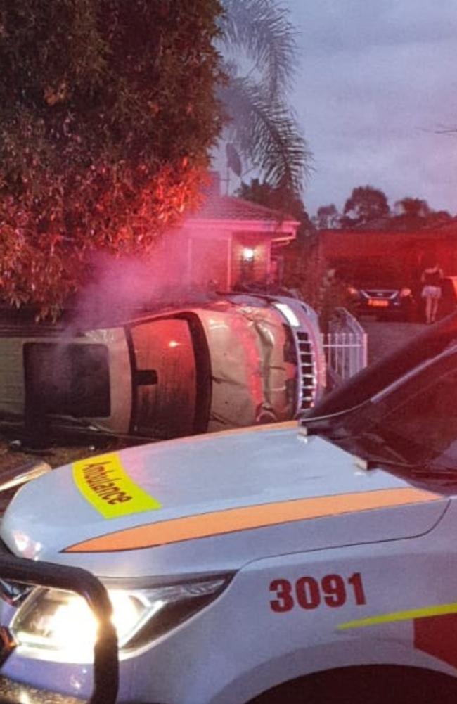 The flipped jeep burst into flames. Picture: Supplied