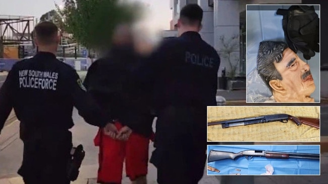 Police arrest alleged kidnapping conspirator Pierre Serour at North Parramatta, accused of an attempted kidnapping. Inset: Mask and gun seized by police. Pictures: Supplied.
