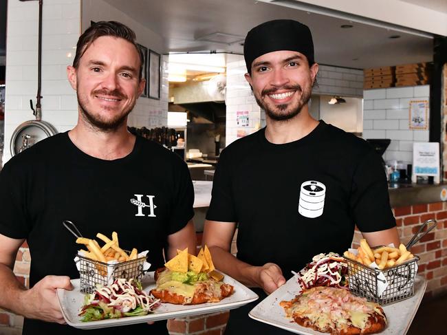 Beach Bar and Grill Mooloolaba voted best chicken parmigiana. Pictured: venue manager Reese Krause and chef Paulo Piacezzi. Photo: Patrick Woods.