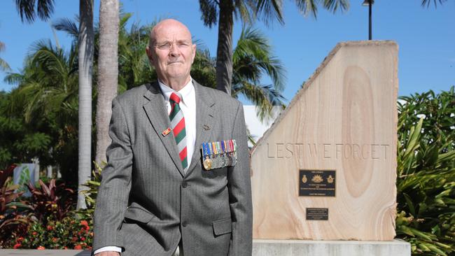 Vietnam veteran Clive Mitchell-Taylor, 72, is one of the many military resident at Seachange Lifestyle Resorts. Clive in front of the resorts Cenotaph. Picture Glenn Hampson