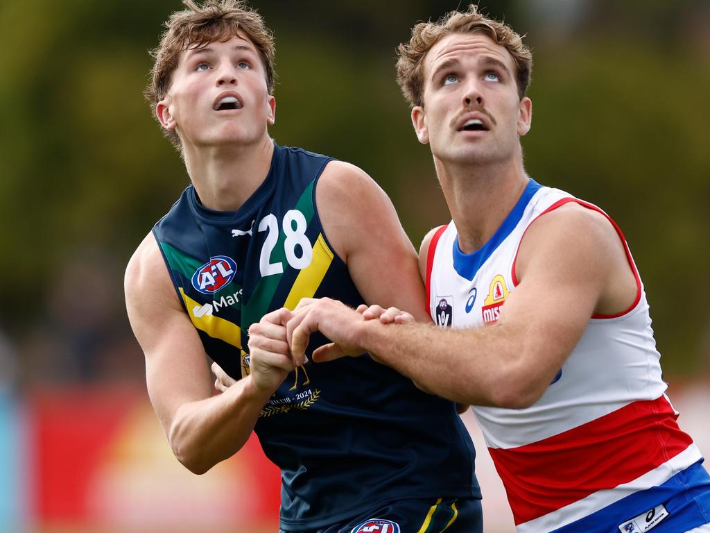 Jobe Shanahan in a contested against Footscray’s Lachlan Smith. Picture: Michael Willson/AFL Photos via Getty Images