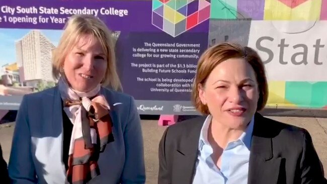 Inner City South State Secondary College executive principal Kirsten Ferdinands and Deputy Premier Jackie Trad celebrate the school's construction in an online video posted to Facebook in September.