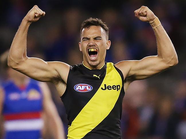 MELBOURNE, AUSTRALIA - MAY 04: Sydney Stack of the Tigers celebrates a goal with Daniel Rioli of the Tigers (L) during the round seven AFL match between the Western Bulldogs and the Richmond Tigers at Marvel Stadium on May 04, 2019 in Melbourne, Australia. (Photo by Michael Dodge/Getty Images)