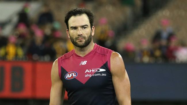 A dejected Jordan Lewis after Melbourne’s loss to Hawthorn. Picture: Wayne Ludbey