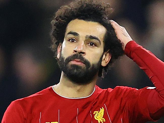 WATFORD, ENGLAND - FEBRUARY 29: Mohamed Salah of Liverpool looks dejected following the Premier League match between Watford FC and Liverpool FC at Vicarage Road on February 29, 2020 in Watford, United Kingdom. (Photo by Julian Finney/Getty Images)