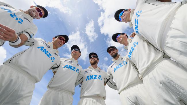 New Zealand captain Kane Williamson, centre, speaks to his teammates before day four of the first Test against the West Indies at Seddon Park in Hamilton