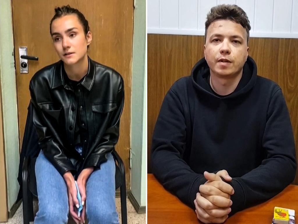 Belarusian activist Roman Protasevich (right) and his girlfriend Sofia Sapega testify to police in Minsk after they were dramatically dragged off the diverted Ryanair flight. Picture: Handout/various sources/AFP