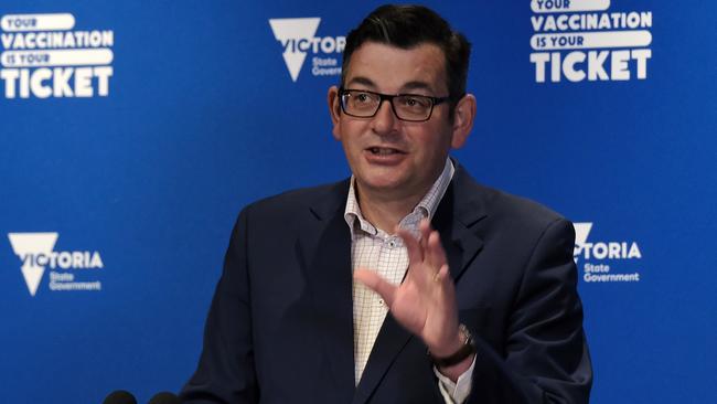 Premier Daniel Andrews announcing fast-tracked restrictions on Sunday. Picture: Luis Enrique Ascui