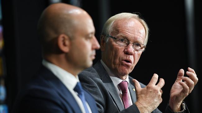 NRL chief executive Todd Greenberg (left) and Peter Beattie have addressed issues around refereeing in the NRL. Picture: AAP