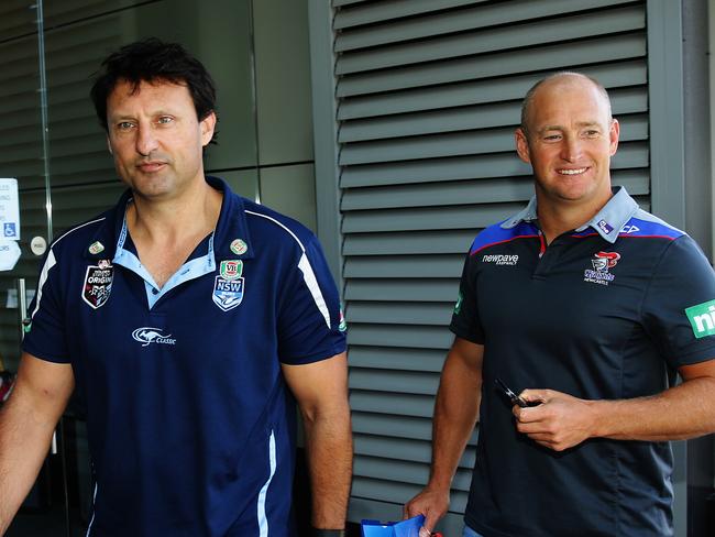 NSW Origin coach Laurie Daley and Newcastle coach Nathan Brown arrive at Rugby League Central in Sydney for an NRL coaches conference. Pic Brett Costello