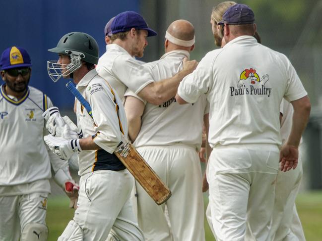 Main Ridge batsman Gareth Wyatt walks off after being dismissed by Somerville speedster Jayde Herrick. Picture: Valeriu Campan