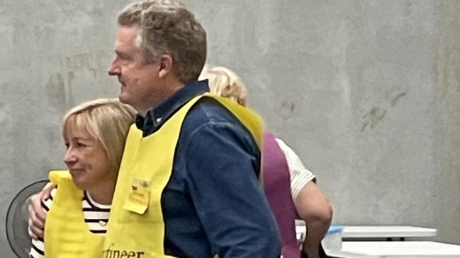 Gold Coast City Councillor Gail O'Neill hugs outgoing councillor William Owen-Jones as the final votes are counted on Monday, April 1, 2024. Picture: Paul Weston