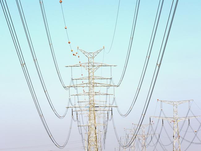 Rows of electricity pylons and wires