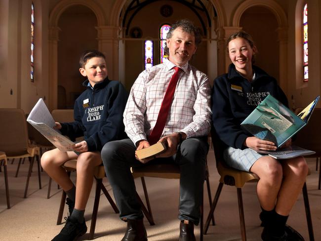 NAPLAN - CATHOLICS & INDEPENDENTS. CLARE. St Joseph's School Principal Peter Shearer with Yr 7 students Brady Gray and Addisyn Ackland, pictured on the 27th July, 2020. Picture: Tricia Watkinson