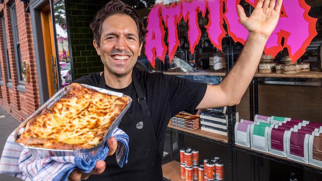 . Ben Shewry from Attica shows off his lasagne in front of his new pop-up restaurant. Picture: Jake Nowakowski