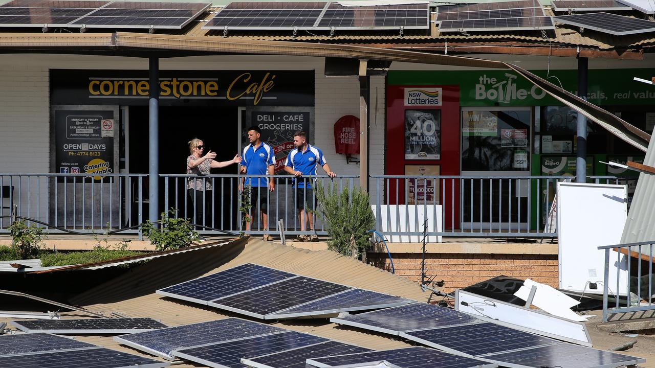 Cornerstone Cafe owner Michelle Gattellari seen outside inspecting the damage to the Bringelly Village where severe winds travelling up to 104km per hour wrecked havoc on properties. Picture: NCA Newswire /Gaye Gerard